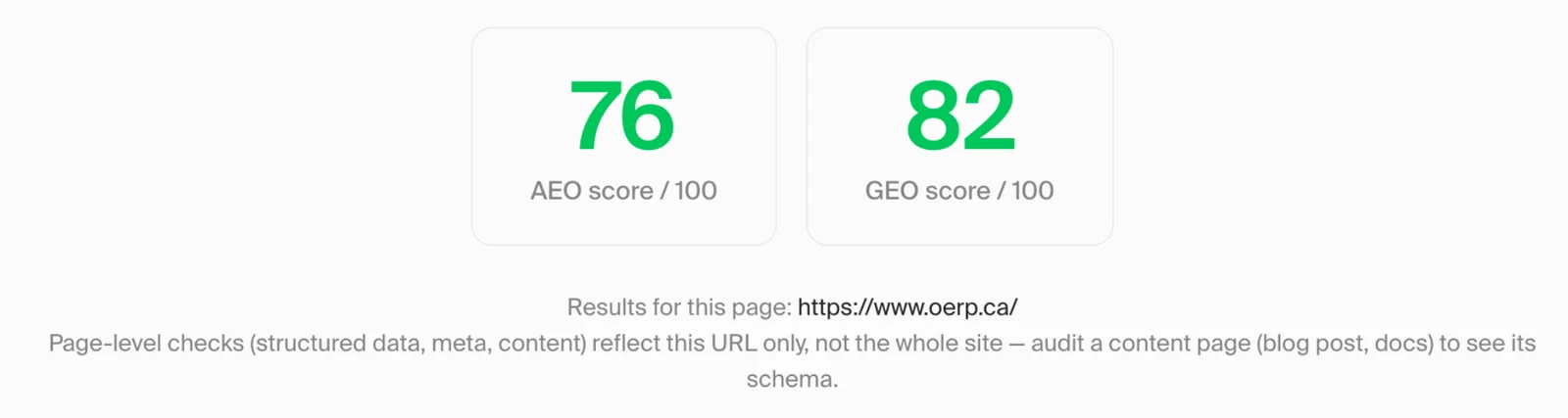 After: AEO score 76/100, GEO score 82/100
