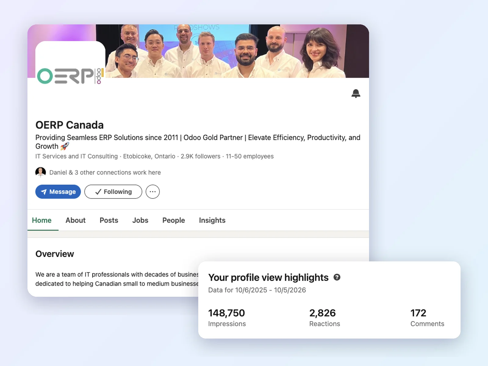OERP Canada's LinkedIn company page and 12-month analytics: 148,750 impressions, 2,826 reactions and 172 comments