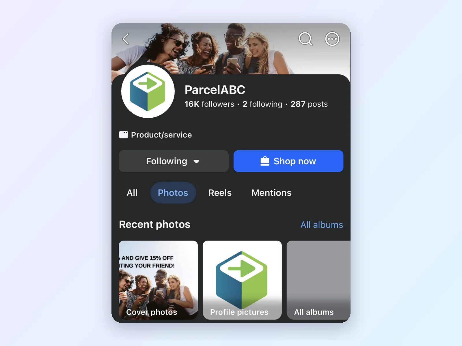 ParcelABC's Facebook page with 16K followers and 287 posts